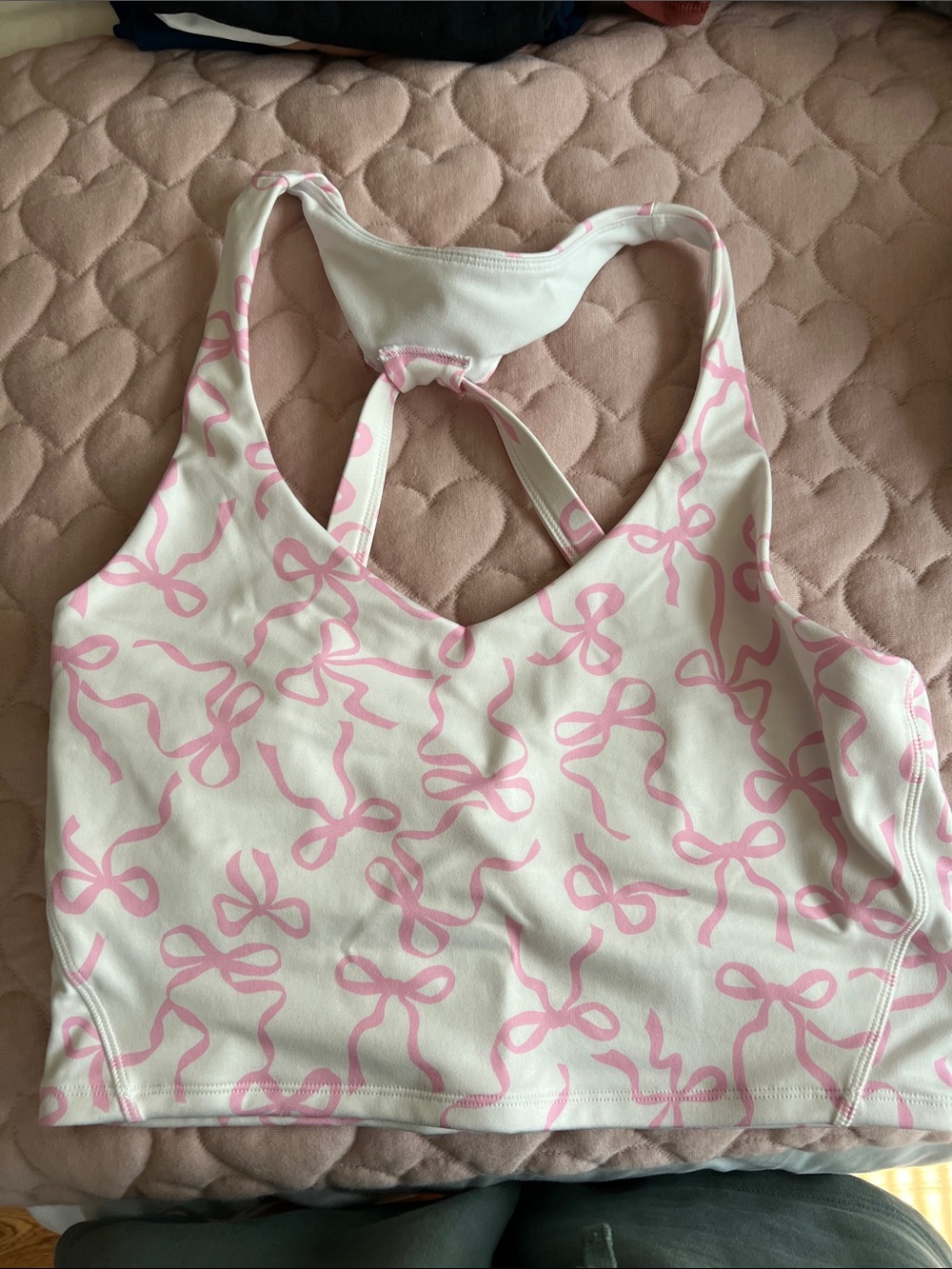 White and Pink Bow-Print Racerback Sports Bra